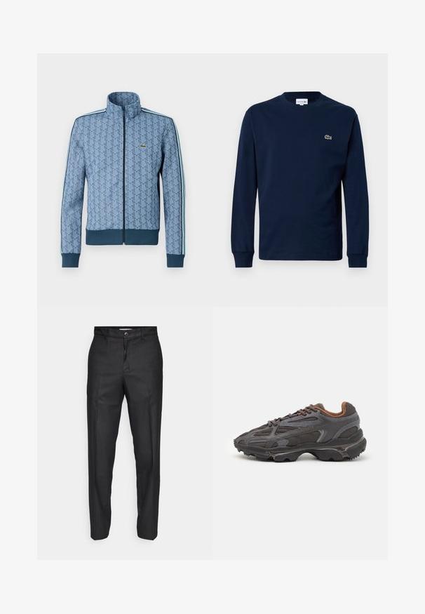 Kék, cipzáras dzseki geometrikus mintával, bordás mandzsettákkal és aljjal, valamint kontrasztos oldalsávokkal. Az elején egy kis logó található.; Tengerészkék hosszúujjú póló, pamutból készült, környakú, bal oldalon egy kis zöld krokodil logóval.; Fekete nadrág sima anyagból, elöl gombos záródással, egyenes lábakkal, és látható zsebek vagy minták nélkül.; Sötét szürke Lacoste sportcipők hálós és szintetikus anyagból, textúrázott talppal és barna díszítésekkel a nyak részen és a logón.