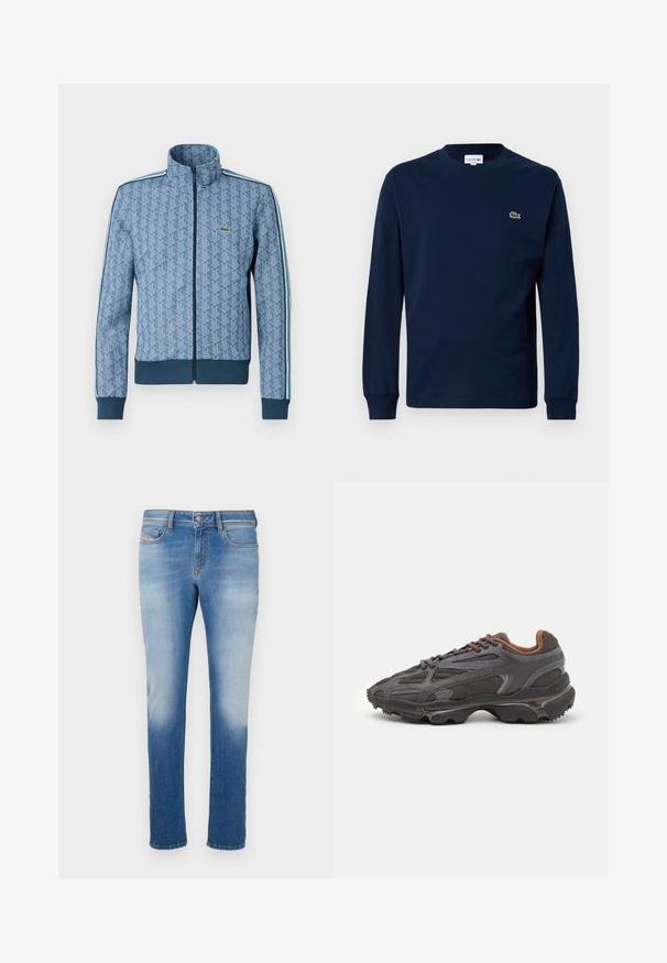 Mėlyna užtrauktuku užsegama striukė su geometriniu raštu, įsiūtomis guminėmis rankovėmis ir apačia bei kontrastingomis šoninėmis juostelėmis. Ant krūtinės yra mažas logotipas.; Jūrinės laivyno ilgos rankovės marškiniai, pagaminti iš medvilnės, su apvaliu iškirpimu ir mažuoju žaliu krokodilu logotipu kairiajame krūtinės šone.; Mėlyni džinsai su siaurėjančiu dizainu, su šviesiu plaunimu ir nudėvėjimu, klasikinis penkių kišenių stilius ir mygtuko uždarymas juosmens srityje.; Lacoste sportbačiai tamsiai pilki, pagaminti iš tinklinės ir sintetinių medžiagų, su tekstūruotu padu ir rudomis detalėmis ant apykaklės bei prekės ženklo.