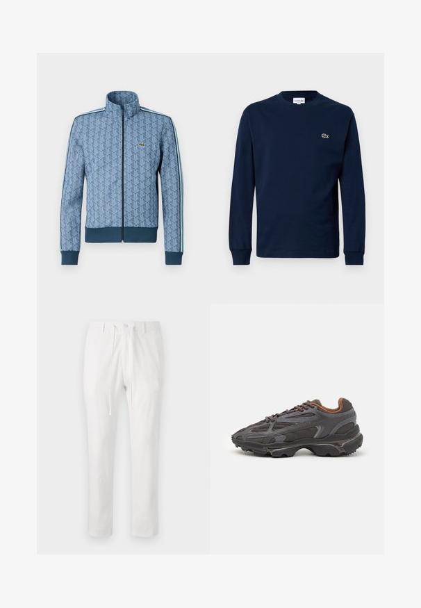 Blaues Kapuzenshirt mit geometrischem Muster, gerippten Ärmelbündchen und Saum sowie kontrastierenden Seitenstreifen. Verfügt über ein kleines Logo auf der Brust.; Marineblaue Langarm-T-Shirt aus Baumwolle, mit Rundhalsausschnitt und einem kleinen grünen Krokodil-Logo auf der linken Brust.; Weiße Baumwollhose mit elastischem Bund, Kordelzug und Knopfverschluss. Gerade Beinform, glatte Textur, keine Muster oder Akzente.; Lacoste Sneaker in Dunkelgrau aus Mesh und Synthetikmaterial, mit einer strukturierten Sohle und braunen Akzenten am Kragen und Logo.