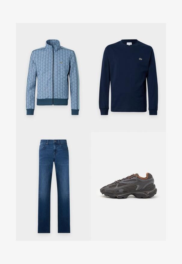 Blå lynlåsjakke med et geometrisk mønster, ribbede ærmer og kant, samt kontrastfarvede sidestel. Har et lille logo på brystet.; Marine langærmet t-shirt lavet af bomuld, med rund hals og et lille grønt krokodillelogo på venstre bryst.; Mørkeblå denim jeans med lige ben, der har fem lommer, en frontknaplukning og subtile whiskering-detaljer.; Lacoste sneakers i mørkegrå med mesh og syntetisk materiale, udstyret med en tekstureret sål og brune accenter på kraven og brandingen.