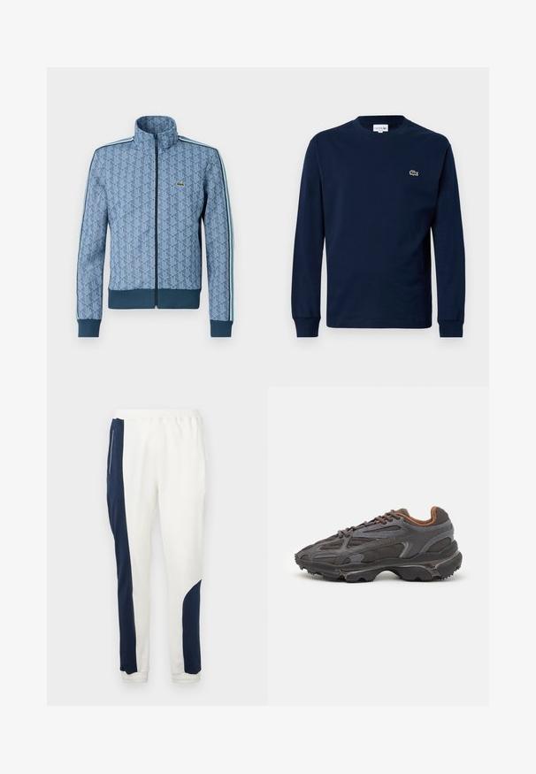 Modrá bunda na zip s geometrickým vzorem, elastickými manžetami a lemem a kontrastními bočními proužky. Obsahuje malé logo na hrudi.; Námořnické tričko s dlouhým rukávem vyrobené z bavlny, s kulatým výstřihem a malým zeleným logem krokodýla na levé hrudi.; Bílé jogger kalhoty s námořnickými bočními panely a elastickými manžetami, vyrobené z měkké tkaniny s hladkou texturou a stahovacími šňůrkami v pase.; Sněrovací boty Lacoste v tmavě šedé barvě s síťovinou a syntetickým materiálem, prezentující texturovanou podrážku a hnědé detaily na límci a logu.