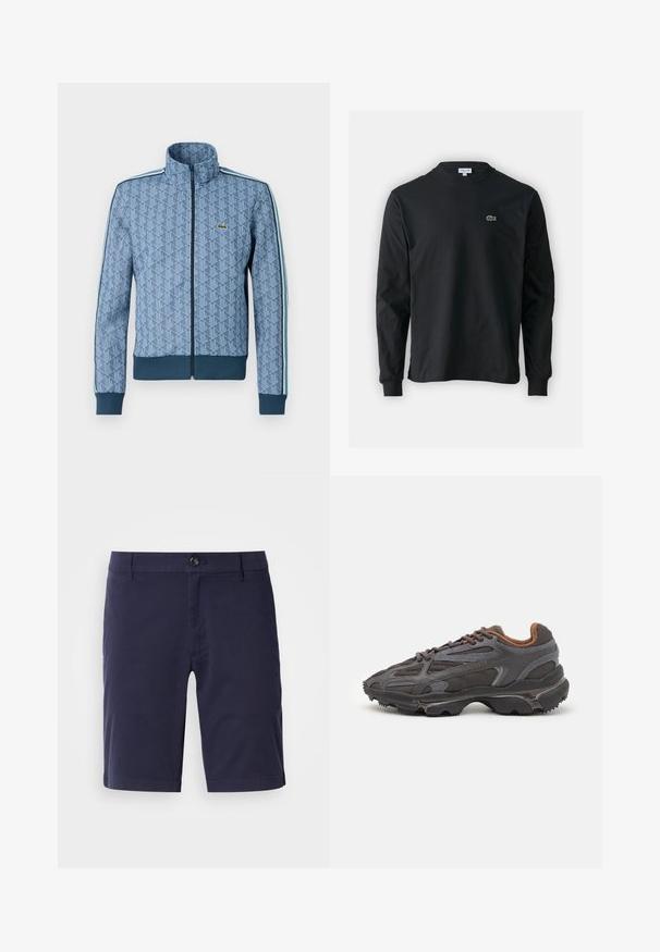 Blue zip-up jacket with a geometric pattern, ribbed cuffs and hem, and contrasting side stripes. Features a small logo on the chest.; Black long-sleeve t-shirt made of cotton, featuring a round neckline and a small green embroidered crocodile logo on the left chest.; Navy blue shorts with a flat front, button closure, and side pockets. Made from lightweight fabric with a smooth texture.; Lacoste sneakers in dark gray with mesh and synthetic material, featuring a textured sole and brown accents on the collar and branding.