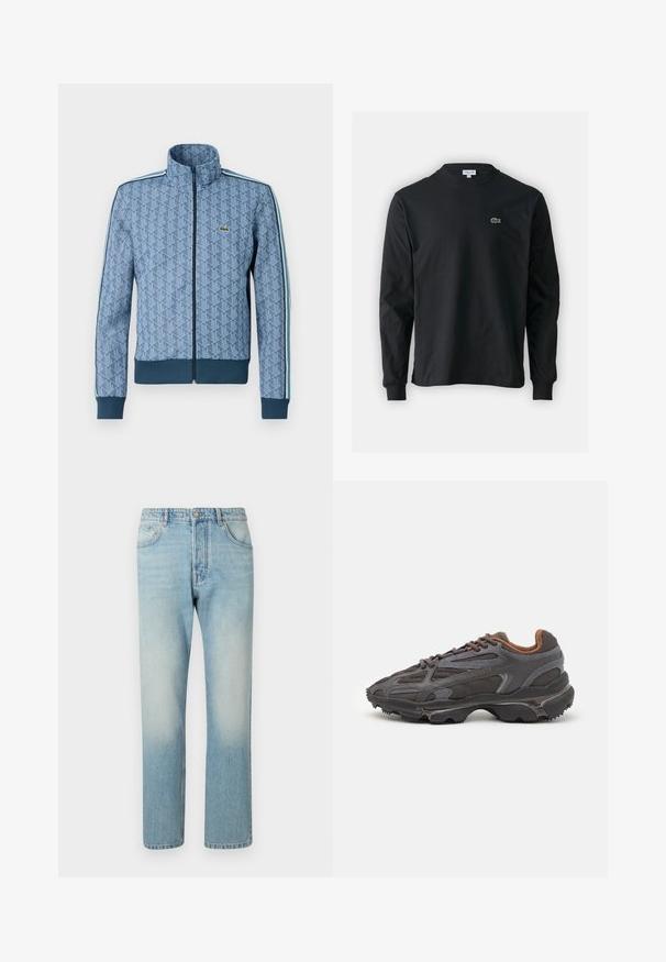 Jachetă albastră cu fermoar, cu un model geometric, cu manșete și tiv ribborate, și dungi laterale contrastante. Prezintă un logo mic pe piept.; Tricou negru cu mânecă lungă, realizat din bumbac, cu un guler rotund și un mic logo brodat cu un crocodil verde pe partea stângă a pieptului.; Jeans de culoare albastru deschis din denimul, cu un design cu picior drept, structură cu cinci buzunare și efect de spălare uzată la coapse.; Adidași Lacoste de culoare gri închis, din material mesh și sintetic, cu o talpă texturată și accente maronii pe guler și branding.