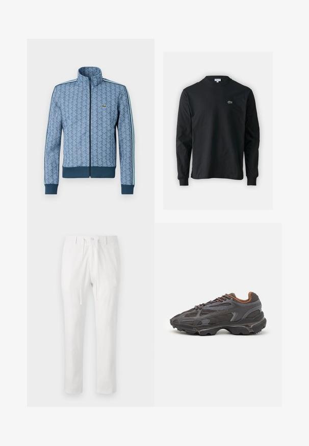 Sininen vetoketjullinen takki, jossa on geometrinen kuvio, joustavat hihansuut ja helma sekä kontrastiväriset sivuviivat. Rinnassa pieni logo.; Musta pitkähiha t-paita, joka on valmistettu puuvillasta. Paita on varustettu pyöreällä kaula-aukolla ja vasemmassa rinnassa on pieni vihreä brodeerattu krokotiililogo.; Valkoiset puuvillahousut, joissa on joustava vyötärö, nauha ja nappisulku. Suora lahkeiden muotoilu, sileä rakenne, ilman kuvioita tai korostuksia.; Lacoste-tennar i mörkgrått med nät- och syntetmaterial, med en texturerad sula och bruna accenter på kragen och märket.