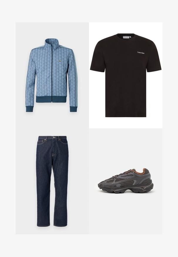 Modrá bunda na zip s geometrickým vzorem, elastickými manžetami a lemem a kontrastními bočními proužky. Obsahuje malé logo na hrudi.; Černé tričko s krátkým rukávem vyrobené z bavlny. Má kulatý výstřih a malé bílé logo "Calvin Klein" na levé straně hrudi.; Tmavě modré džíny z denimu se střihem rovného nohavice. Mají zip a knoflík, pět kapes a kontrastní švy.; Sněrovací boty Lacoste v tmavě šedé barvě s síťovinou a syntetickým materiálem, prezentující texturovanou podrážku a hnědé detaily na límci a logu.