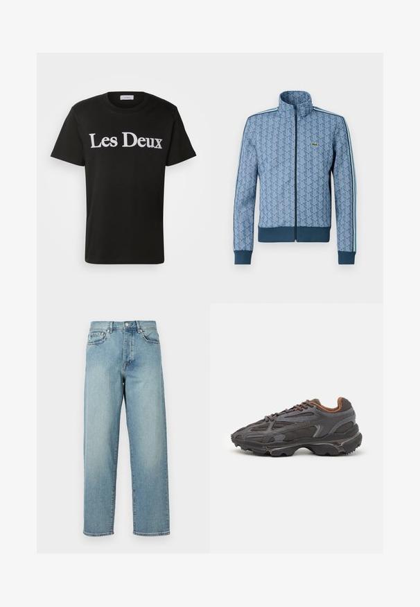 Chaqueta azul con cremallera, con un patrón geométrico, puños y bajo acanalados, y franjas laterales en contraste. Presenta un pequeño logo en el pecho.; Les Deux CHARLES - Camiseta estampada - black/white; Jeans de mezclilla azul claro con un corte amplio, piernas rectas, diseño de cinco bolsillos y cierre de botón en la cintura. Detalle de costura minimalista.; Zapatillas Lacoste en gris oscuro con material de malla y sintético, que cuentan con una suela texturizada y detalles en marrón en el cuello y la marca.
