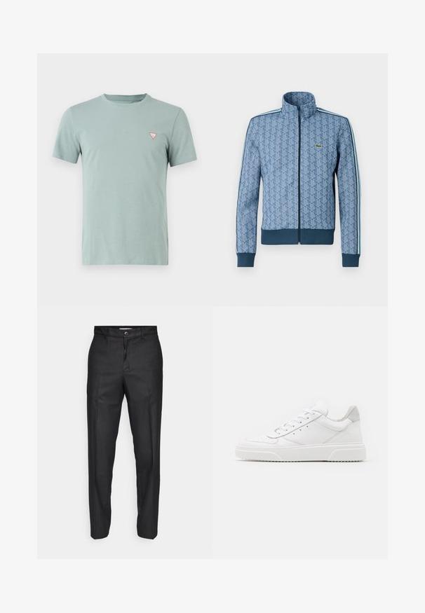 Mėlyna užtrauktuku užsegama striukė su geometriniu raštu, įsiūtomis guminėmis rankovėmis ir apačia bei kontrastingomis šoninėmis juostelėmis. Ant krūtinės yra mažas logotipas.; Šviesiai žalia medvilninė marškinėliai su apvalia iškirpte ir trumpomis rankovėmis. Kairėje krūtinės pusėje yra mažas raudonas trikampio logotipas.; Juodi kelnių pagaminti iš glotnaus audinio, su priekiniais sagomis, tiesiomis kojomis ir be matomų kišenių ar raštų.; Balti odiniai sportbačiai su lygiu paviršiumi, apvaliu pirštu, plokščiomis raištelėmis ir struktūrizuota padu. Pilko zimšo akcentas ant kulno.