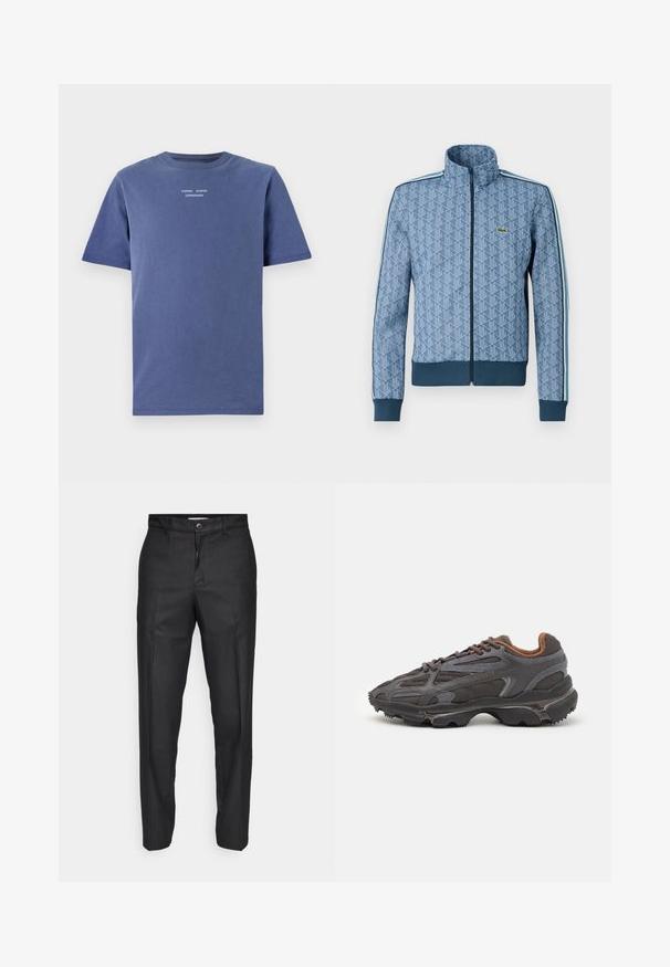 Sininen vetoketjullinen takki, jossa on geometrinen kuvio, joustavat hihansuut ja helma sekä kontrastiväriset sivuviivat. Rinnassa pieni logo.; T-paita tummansinisestä puuvillasta, lyhyet hihat. Ominaisuudet: pyöreä kaula-auko ja pieni valkoinen teksti rinnassa: "SAMSØE SAMSØE COPENHAGEN."; Mustat housut, jotka on valmistettu sileästä kankaasta, ja niissä on etupainike, suorat lahkeet sekä ei näkyviä taskuja tai kuvioita.; Lacoste-tennar i mörkgrått med nät- och syntetmaterial, med en texturerad sula och bruna accenter på kragen och märket.