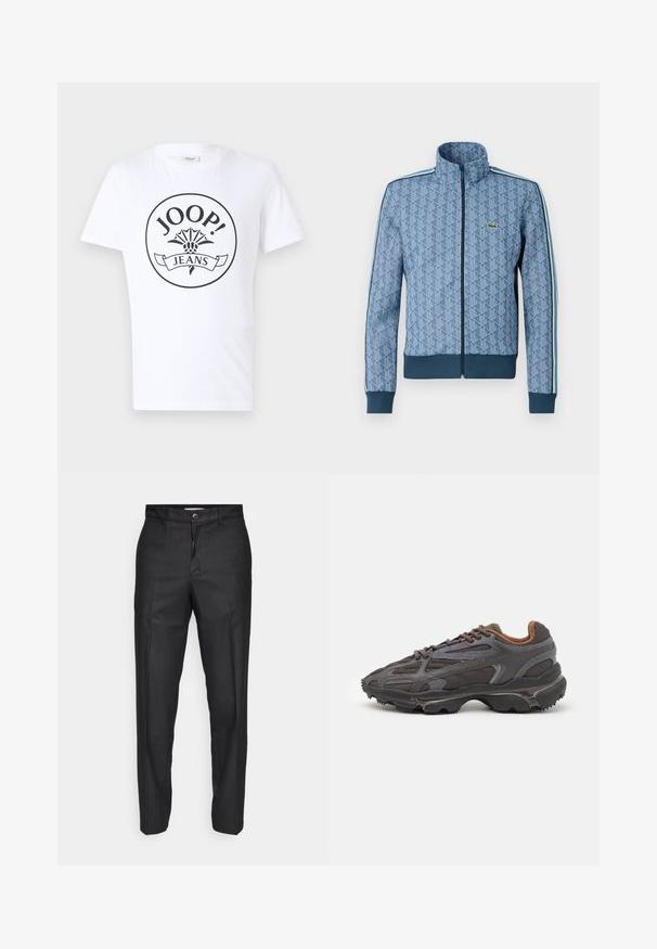 Blue zip-up jacket with a geometric pattern, ribbed cuffs and hem, and contrasting side stripes. Features a small logo on the chest.; White cotton t-shirt featuring a circular black logo with "JOOP!" and "JEANS" text, centered on the chest with a floral design accent.; Black trousers made of a smooth fabric, featuring a front button closure, straight legs, and no visible pockets or patterns.; Lacoste sneakers in dark gray with mesh and synthetic material, featuring a textured sole and brown accents on the collar and branding.