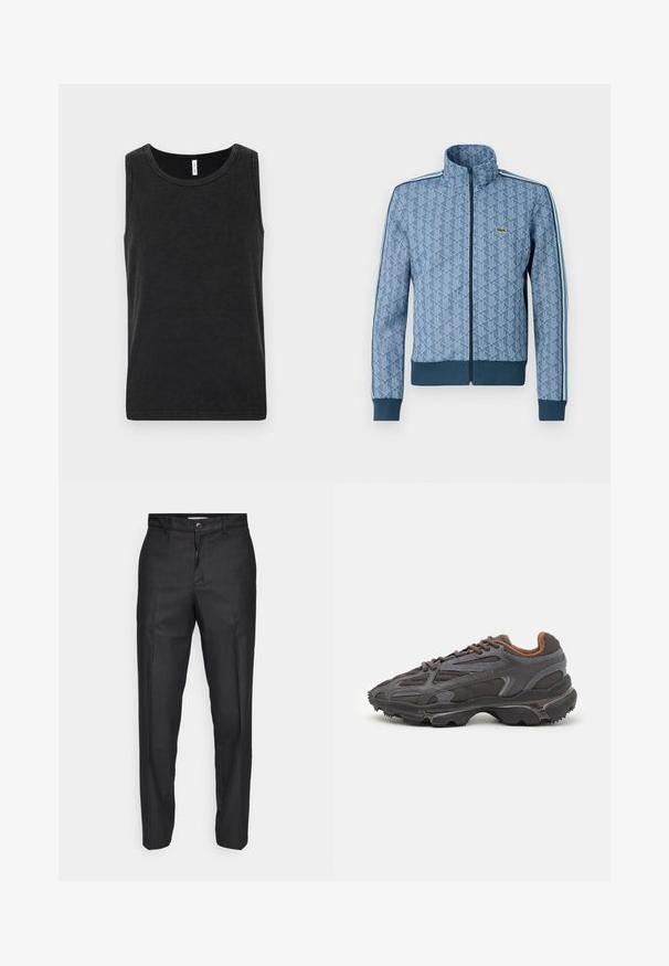Jachetă albastră cu fermoar, cu un model geometric, cu manșete și tiv ribborate, și dungi laterale contrastante. Prezintă un logo mic pe piept.; Top din bumbac negru, cu un guler rotund, design fără mâneci și textură netedă. Are o croială simplă și clasică.; Pantaloni negri dintr-un material neted, cu închidere frontală cu buton, picioare drepte și fără buzunare sau modele vizibile.; Adidași Lacoste de culoare gri închis, din material mesh și sintetic, cu o talpă texturată și accente maronii pe guler și branding.
