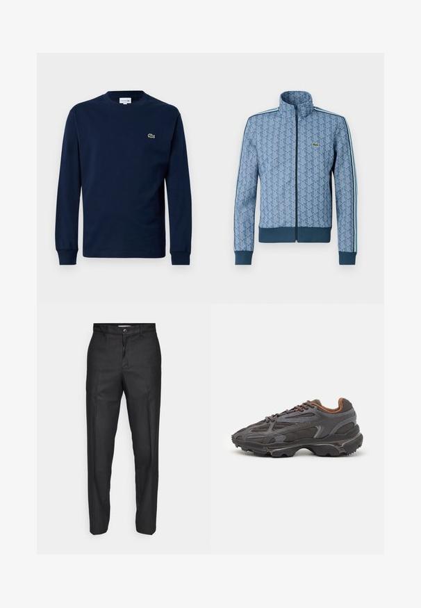 Modrá bunda na zip s geometrickým vzorem, elastickými manžetami a lemem a kontrastními bočními proužky. Obsahuje malé logo na hrudi.; Námořnické tričko s dlouhým rukávem vyrobené z bavlny, s kulatým výstřihem a malým zeleným logem krokodýla na levé hrudi.; Černé kalhoty vyrobené z hladkého materiálu, s předním zapínáním na knoflík, rovnými nohavicemi a bez viditelných kapes či vzorů.; Sněrovací boty Lacoste v tmavě šedé barvě s síťovinou a syntetickým materiálem, prezentující texturovanou podrážku a hnědé detaily na límci a logu.