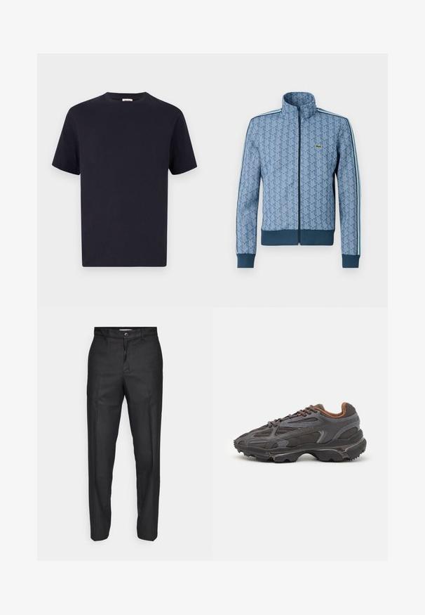 Blue zip-up jacket with a geometric pattern, ribbed cuffs and hem, and contrasting side stripes. Features a small logo on the chest.; Navy blue cotton T-shirt with a round neckline, short sleeves, and a relaxed fit; smooth texture; no visible patterns or hardware.; Black trousers made of a smooth fabric, featuring a front button closure, straight legs, and no visible pockets or patterns.; Lacoste sneakers in dark gray with mesh and synthetic material, featuring a textured sole and brown accents on the collar and branding.