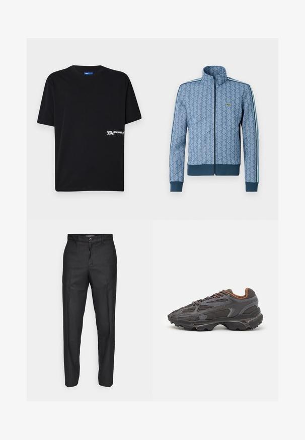 Mėlyna užtrauktuku užsegama striukė su geometriniu raštu, įsiūtomis guminėmis rankovėmis ir apačia bei kontrastingomis šoninėmis juostelėmis. Ant krūtinės yra mažas logotipas.; Juoda medvilninė marškinėliai su trumpomis rankovėmis, apvaliu kaklu, su balta logotipo spauda kairėje pusėje netoli apvado.; Juodi kelnių pagaminti iš glotnaus audinio, su priekiniais sagomis, tiesiomis kojomis ir be matomų kišenių ar raštų.; Lacoste sportbačiai tamsiai pilki, pagaminti iš tinklinės ir sintetinių medžiagų, su tekstūruotu padu ir rudomis detalėmis ant apykaklės bei prekės ženklo.