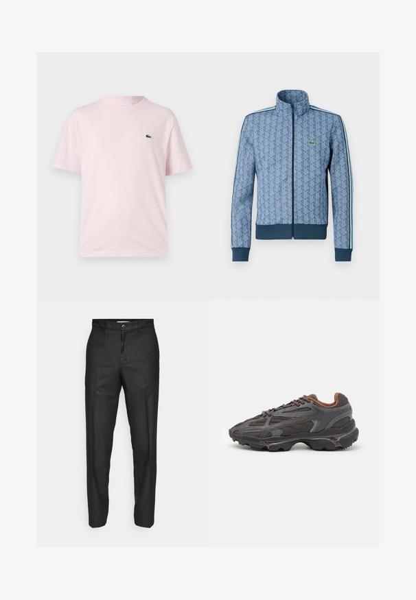 Giacca zip-up blu con un motivo geometrico, polsini e orlo a coste, e strisce laterali a contrasto. Presenta un piccolo logo sul petto.; T-shirt in cotone rosa chiaro con maniche corte. Caratterizzata da un piccolo logo ricamato verde sul lato sinistro del petto. Design con scollatura a girocollo.; Pantaloni neri realizzati in un tessuto liscio, con chiusura frontale con bottone, gamba dritta e senza tasche visibili o motivi.; Sneaker Lacoste grigie scure in materiale mesh e sintetico, con suola testurizzata e dettagli marroni sul colletto e sul branding.