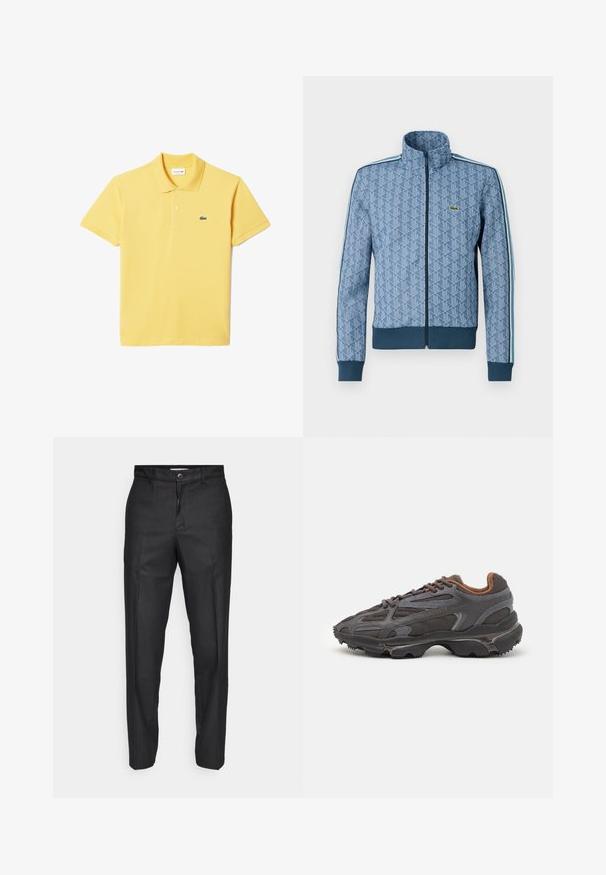 Niebieska kurtka zapinana na zamek z geometrycznym wzorem, ściągacze przy mankietach i u dołu oraz kontrastowe paski po bokach. Posiada małe logo na piersi.; Żółta koszulka polo wykonana z bawełny, z kołnierzykiem, krótkimi rękawami i małym zielonym haftowanym logo na lewej piersi. Gładka faktura.; Czarne spodnie z gładkiego materiału, z zapinaniem na guzik z przodu, prostymi nogawkami i bez widocznych kieszeni czy wzorów.; Sneakers Lacoste w ciemnoszarym kolorze, wykonane z siateczki i materiału syntetycznego, z teksturowaną podeszwą oraz brązowymi akcentami na kołnierzu i logotypie.