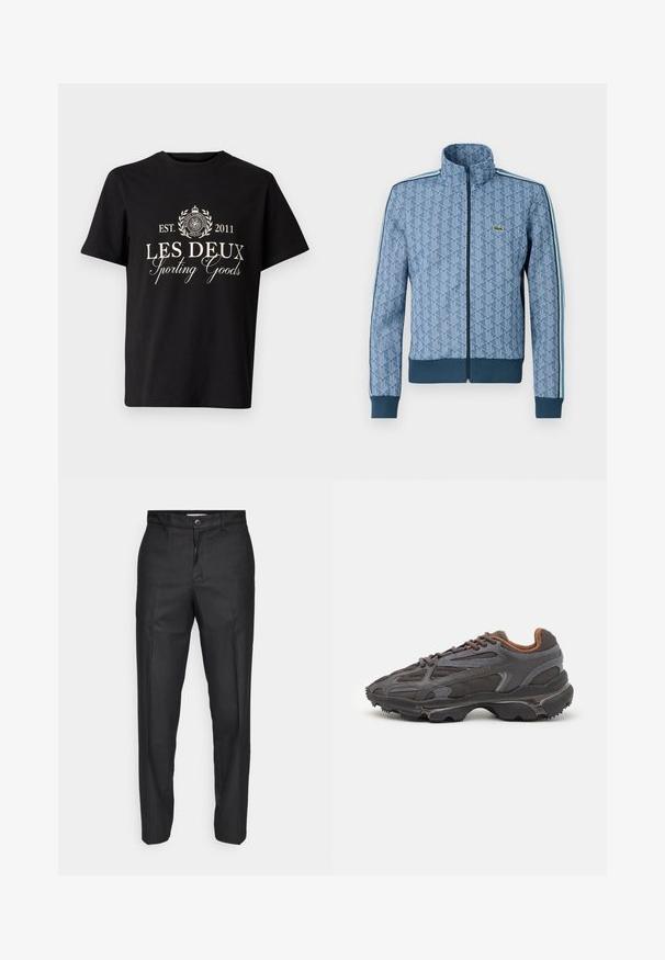 Blue zip-up jacket with a geometric pattern, ribbed cuffs and hem, and contrasting side stripes. Features a small logo on the chest.; Black cotton t-shirt with a crew neck, featuring white printed text: "LES DEUX Sporting Goods" and a logo with laurel accents.; Black trousers made of a smooth fabric, featuring a front button closure, straight legs, and no visible pockets or patterns.; Lacoste sneakers in dark gray with mesh and synthetic material, featuring a textured sole and brown accents on the collar and branding.