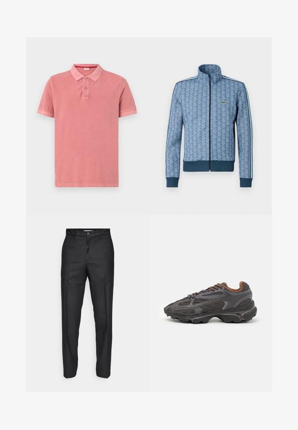 Chaqueta azul con cremallera, con un patrón geométrico, puños y bajo acanalados, y franjas laterales en contraste. Presenta un pequeño logo en el pecho.; Camisa polo de algodón suave en rosa pálido, con un cuello clásico, tapeta de dos botones y un pequeño logotipo bordado en el pecho.; Pantalones negros de tela suave, con cierre de botón en la parte delantera, piernas rectas y sin bolsillos ni patrones visibles.; Zapatillas Lacoste en gris oscuro con material de malla y sintético, que cuentan con una suela texturizada y detalles en marrón en el cuello y la marca.