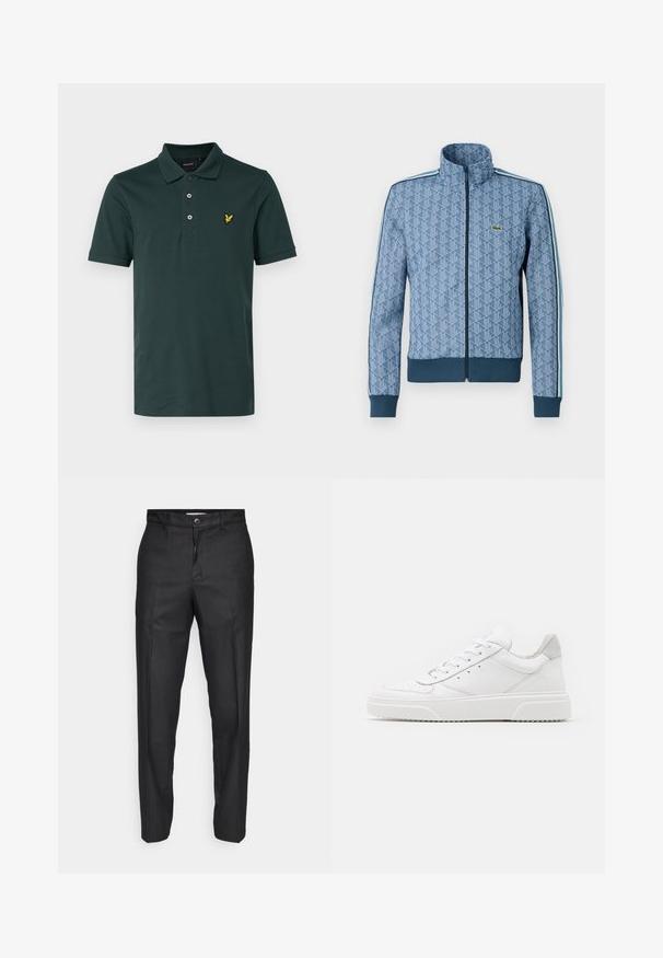 Sininen vetoketjullinen takki, jossa on geometrinen kuvio, joustavat hihansuut ja helma sekä kontrastiväriset sivuviivat. Rinnassa pieni logo.; Lyle & Scott PLAIN - Pikeepaita - argyle teal; Mustat housut, jotka on valmistettu sileästä kankaasta, ja niissä on etupainike, suorat lahkeet sekä ei näkyviä taskuja tai kuvioita.; Valkoiset nahkakengät, joissa on sileä pinta, pyöreä kärki, litteät nauhat ja teksturoitu pohja. Harmaa mokkanahka korostaa kantapäätä.