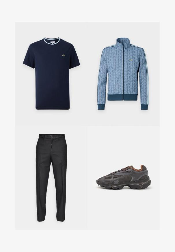 Jachetă albastră cu fermoar, cu un model geometric, cu manșete și tiv ribborate, și dungi laterale contrastante. Prezintă un logo mic pe piept.; Tricou de bumbac de culoare albastru marin, cu guler ribben de culoare albastră deschisă. Dispune de un mic logo cu crocodil verde pe piept. Design cu mâneci scurte.; Pantaloni negri dintr-un material neted, cu închidere frontală cu buton, picioare drepte și fără buzunare sau modele vizibile.; Adidași Lacoste de culoare gri închis, din material mesh și sintetic, cu o talpă texturată și accente maronii pe guler și branding.