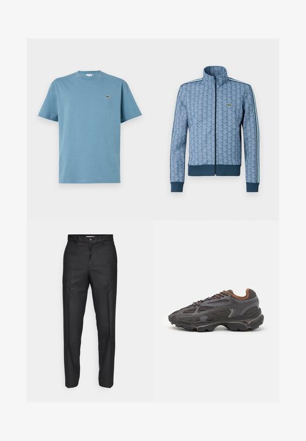 Blå zip-up jakke med geometrisk mønster, ribbede mansjetter og nederkant, samt kontraststriper på siden. Har en liten logo på brystet.; Lyseblå bomull T-skjorte med rund hals, korte ermer og en liten brodert logo på brystet. Flatt tekstur, uformell design.; Sorte bukser laget av et glatt stoff, med knappelukking foran, rette ben og ingen synlige lommer eller mønstre.; Lacoste-sneakers i mørkegrått med mesh- og syntetisk materiale, med en teksturert såle og brune detaljer på kragen og merket.