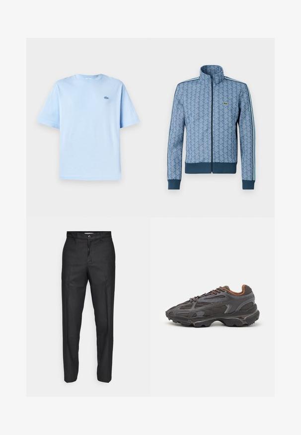 Sininen vetoketjullinen takki, jossa on geometrinen kuvio, joustavat hihansuut ja helma sekä kontrastiväriset sivuviivat. Rinnassa pieni logo.; Vaaleansininen puuvillapaita, jossa on pyöreä kaula-aukko, lyhyet hihat ja pieni kirjailtu logo vasemmassa rinnassa. Pehmeä koostumus, rento istuvuus.; Mustat housut, jotka on valmistettu sileästä kankaasta, ja niissä on etupainike, suorat lahkeet sekä ei näkyviä taskuja tai kuvioita.; Lacoste-tennar i mörkgrått med nät- och syntetmaterial, med en texturerad sula och bruna accenter på kragen och märket.
