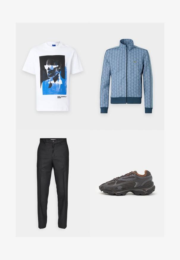 Modrá bunda na zip s geometrickým vzorem, elastickými manžetami a lemem a kontrastními bočními proužky. Obsahuje malé logo na hrudi.; Bílý bavlněný tričko s modro-černým grafickým potiskem obličeje s brýlemi. Součástí je text "KARL LAGERFELD JEANS".; Černé kalhoty vyrobené z hladkého materiálu, s předním zapínáním na knoflík, rovnými nohavicemi a bez viditelných kapes či vzorů.; Sněrovací boty Lacoste v tmavě šedé barvě s síťovinou a syntetickým materiálem, prezentující texturovanou podrážku a hnědé detaily na límci a logu.