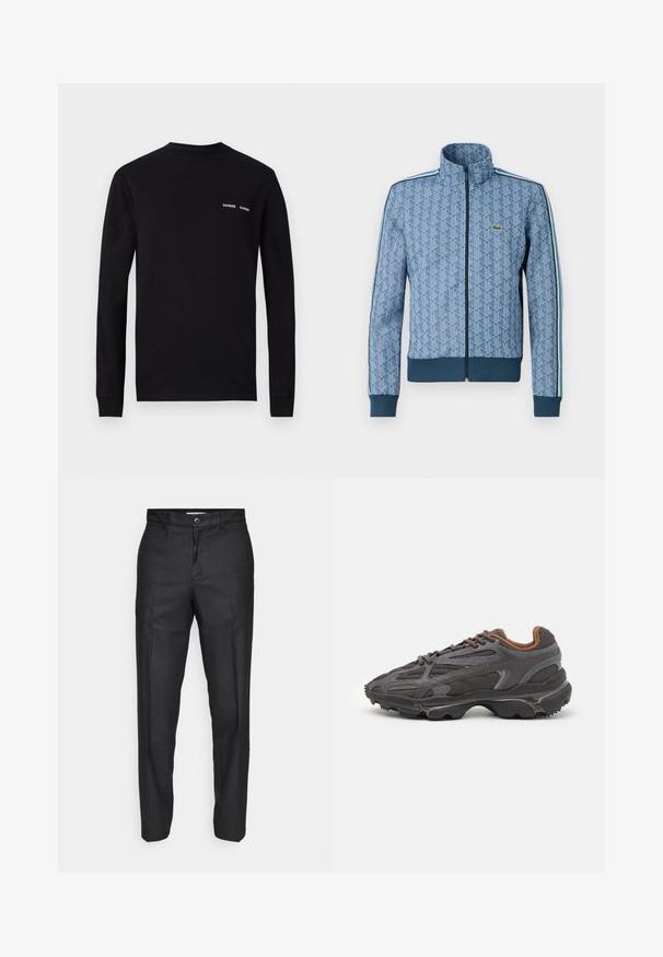 Modrá zipová bunda so geometrickým vzorom, s rebrovanými manžetami a lemom a kontrastnými bočnými pruhmi. Má malé logo na hrudi.; Čierne tričko s dlhým rukávom vyrobené z bavlny, s okrúhlym výstrihom a dvoma bielymi potlačami loga "SAMSØE" na ľavej hrudi.; Čierne nohavice vyrobené z hladkej tkaniny, s predným zapínaním na gombík, rovnými nohavicami a bez viditeľných vreciek alebo vzorov.; Lacoste tenisky v tmavo sivej farbe z nylonu a syntetického materiálu, s textúrovanou podrážkou a hnedými akcentami na golieri a brandingu.