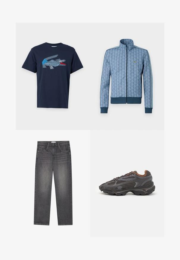Modrá bunda na zip s geometrickým vzorem, elastickými manžetami a lemem a kontrastními bočními proužky. Obsahuje malé logo na hrudi.; Lacoste Triko s potiskem - dark blue; Tmavě šedé džíny z denimu se rovnýmsakem, které mají pět kapes, zapínání na knoflík v přední části a jemné blednutí na látce.; Sněrovací boty Lacoste v tmavě šedé barvě s síťovinou a syntetickým materiálem, prezentující texturovanou podrážku a hnědé detaily na límci a logu.