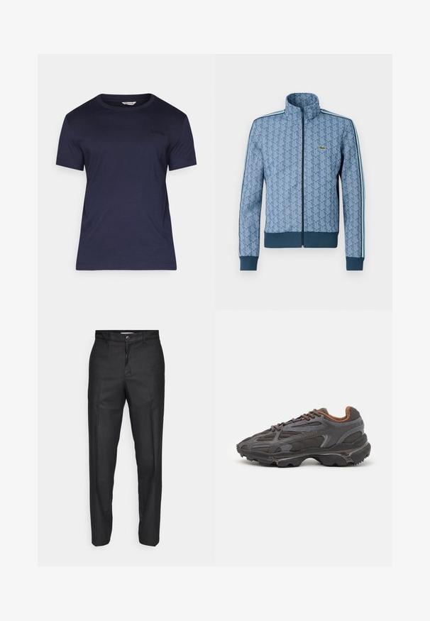 Kék, cipzáras dzseki geometrikus mintával, bordás mandzsettákkal és aljjal, valamint kontrasztos oldalsávokkal. Az elején egy kis logó található.; Sötétkék, rövid ujjas póló puha anyagból, kerek nyakkivágással, a mellkason egy diszkrét fekete "BORG" logóval. Laza szabású.; Fekete nadrág sima anyagból, elöl gombos záródással, egyenes lábakkal, és látható zsebek vagy minták nélkül.; Sötét szürke Lacoste sportcipők hálós és szintetikus anyagból, textúrázott talppal és barna díszítésekkel a nyak részen és a logón.