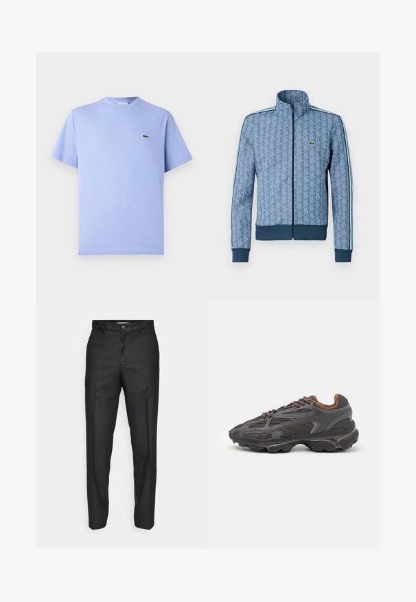 Blue zip-up jacket with a geometric pattern, ribbed cuffs and hem, and contrasting side stripes. Features a small logo on the chest.; Light blue cotton t-shirt with a round neck and short sleeves. Features a small embroidered green alligator logo on the chest.; Black trousers made of a smooth fabric, featuring a front button closure, straight legs, and no visible pockets or patterns.; Lacoste sneakers in dark gray with mesh and synthetic material, featuring a textured sole and brown accents on the collar and branding.