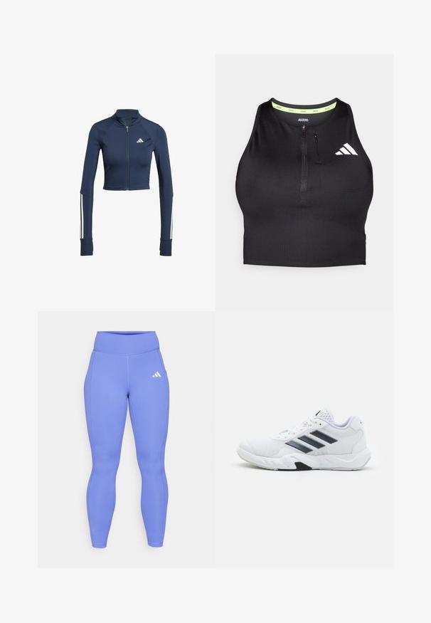 Navyblauwe cropped zip-up jack met lange mouwen, geribbelde textuur op de schouders, witte streepaccenten op de mouwen en een klein wit logo.; Zwarte atletische crop top met een ritssluiting aan de voorkant, gemaakt van gladde stof. Heeft een groene binnenhalslijn en een wit logo aan de zijkant.; Paarse geribbelde leggings van rekbaar materiaal, met een hoge tailleband en een klein wit logo op de bovenbeen.; Witte sportieve schoen met een bovenwerk van mesh, drie zwarte strepen aan de zijkant, gestructureerde accenten en een stevige rubberen zool met een contrasterend zwart gedeelte.