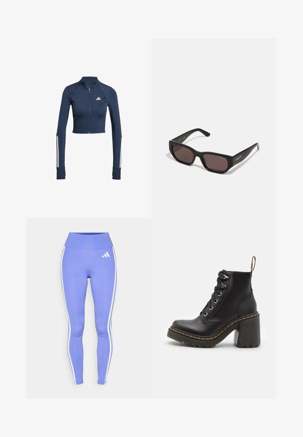 Marineblaue, kurzes Reißverschlussjacke mit langen Ärmeln, geripptem Textur an den Schultern, weißen Streifenakzenten an den Ärmeln und einem kleinen weißen Logo.; Schwarzes sportliches Crop-Top mit einem Reißverschluss an der Vorderseite, aus glattem Material gefertigt. Verfügt über einen grünen Innenkragen und ein weißes Logo an der Seite.; Lila Leggings aus elastischem Stoff, mit weißen Seitenstreifen und einem Adidas-Logo auf dem Oberschenkel. Hoch geschnittenes Design.; Schwarze Lederstiefelette mit einem klobigen hohen Absatz, Schnürung vorne, metallischen Ösen und gelben Nähten entlang der Sohle. Strukturierten Gummiaußensohle.; Schwarze rechteckige Sonnenbrille mit dunklen Gläsern. Verfügt über ein glattes Kunststoffgestell und ein Logo-Detail an den Bügeln. Sauberes, modernes Design.