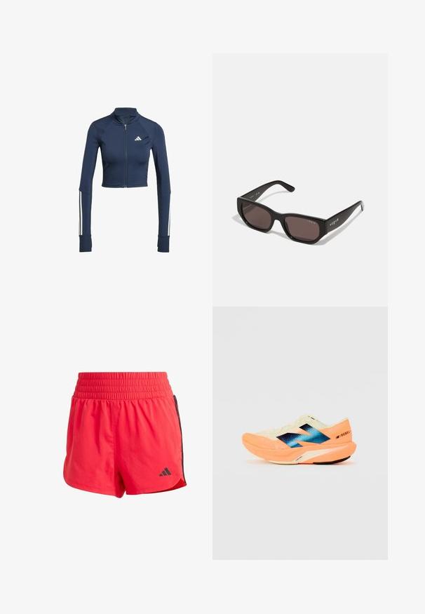 Marinblå kort zipjacka med långa ärmar, ribbad textur på axlarna, vita randaccent på ärmarna och en liten vit logotyp.; Svart atletisk crop top med dragkedja fram, tillverkad av smidigt tyg. Har en grön innerhalsringning och en vit logotyp på sidan.; Röda sportshorts tillverkade av lätt material, med elastisk midja, svarta sidopaneler och en liten logotyp längst ner till vänster.; Löparskor med ett lätt krämfärgat ovanskor, blå varumärkeslogga och orange detaljer på sulan. Nättextur för andningsförmåga.; Svarta rektangulära solglasögon med mörka linser. Har en slät plastbåge och logobrand på skalmen. Ren, modern design.