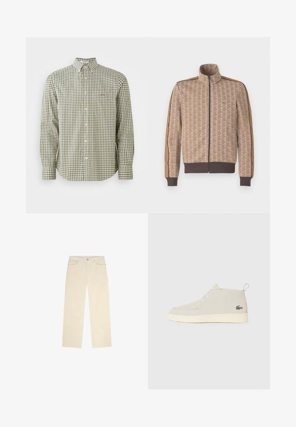Giacca beige con zip, texture a motivi geometrici, dettagli marroni lungo le maniche e un piccolo logo verde sul lato sinistro del petto.; Camicia a maniche lunghe a quadretti verdi e bianchi con colletto button-down, dotata di una piccola tasca sul petto e bottoni bianchi.; Pantaloni di velluto a coste beige con design a gamba dritta, dotati di due tasche frontali e di una sottile texture a coste. Inclusi dettagli in metallo.; Stivali alla caviglia in suede grigio chiaro con punta rotonda, suola in gomma bianca e un sottile dettaglio del logo sul lato. Presentano una chiusura con lacci.