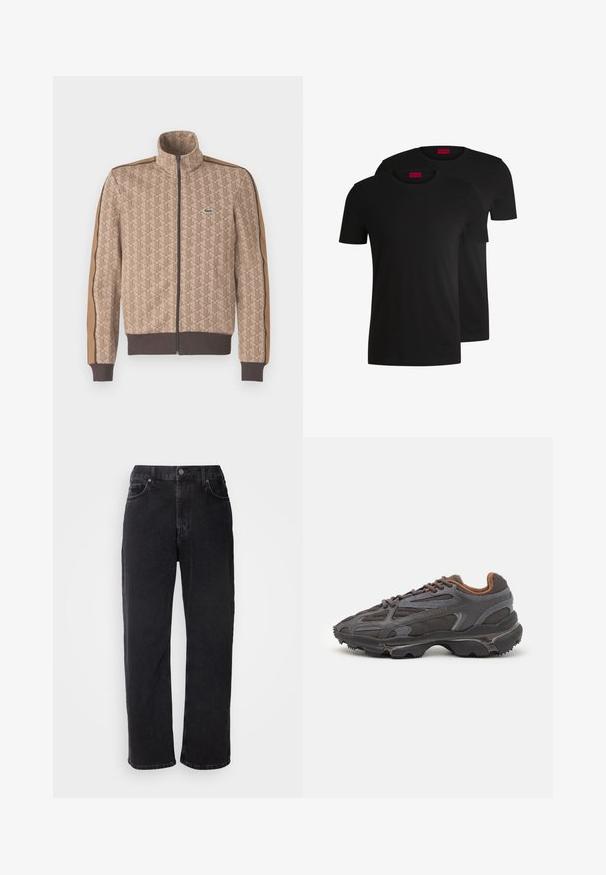 Casaco bege com fecho de correr, com textura de padrão geométrico, detalhes castanhos nas mangas, e um pequeno logótipo verde na área esquerda do peito.; Duas t-shirts de algodão pretas com mangas curtas e decote redondo. Ambas apresentam um rótulo de marca vermelho na gola. Design simples e clássico.; Jeans de ganga preta com corte reto, cinco bolsos e costura em contraste. Apresenta um fecho de botão e passantes para cinto na cintura.; Ténis Lacoste em cinza-escuro com material em malha e sintético, apresentando uma sola texturizada e detalhes castanhos na gola e na marca.