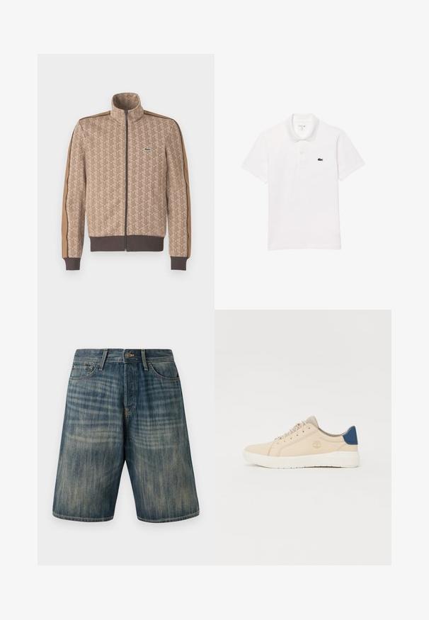 Veste zippée beige avec une texture à motif géométrique, accents marron le long des manches et un petit logo vert sur la zone gauche de la poitrine.; Polo shirt blanc en coton, avec un col standard, des manches courtes et un petit logo marine sur la poitrine gauche.; Shorts en denim de couleur bleu clair avec un délavage, dotés de cinq poches, de passants de ceinture et d'une fermeture à bouton à la taille.; Baskets beiges en daim, avec une semelle blanche, des lacets beiges et un accent bleu sur le talon. Logo embossé sur le côté.