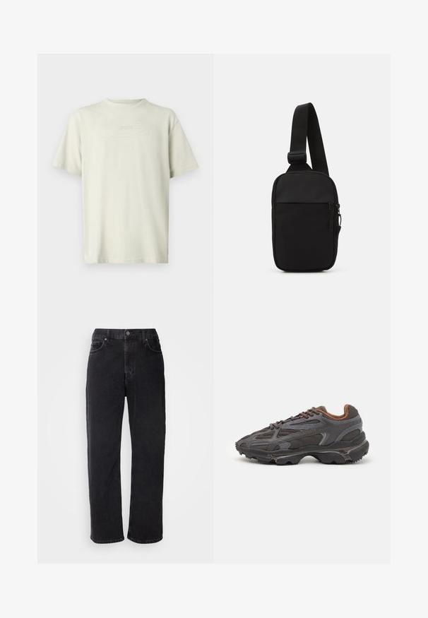 Beige zip-up jacket with geometric patterned texture, brown accents along sleeves, and a small green logo on the left chest area.; Light beige T-shirt made of cotton, featuring a crew neckline and short sleeves. The word "BOSS" is embroidered in a subtle, tonal color.; Black denim jeans with a straight cut, five pockets, and contrasting stitching. Features a button closure and belt loops on the waistband.; Lacoste sneakers in dark gray with mesh and synthetic material, featuring a textured sole and brown accents on the collar and branding.; Black crossbody bag made of durable fabric, featuring a single adjustable strap, a zippered main compartment, and a front pocket.