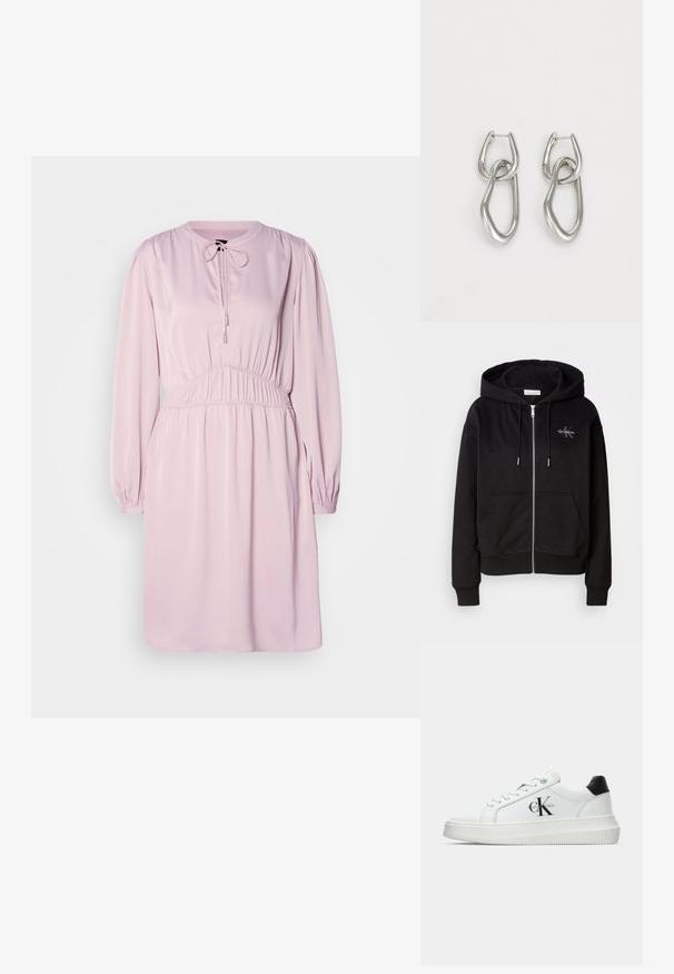 Svart hettegenser med glidelås i myk bomullsblanding, med hette, frontlommer og sølvfarget detaljer. Calvin Klein-logoen er brodert på brystet.; Rosa langermet kjole med rund hals, snøring i livet, rynket midje og glatt stoff. Har puffermer og en avslappet passform.; Hvite lavsko med svart hæltab, plattformsåle, snøringer og Calvin Klein "CK" logo på siden.; Calvin Klein STATEMENT LINKS - Øredobber - silver-coloured