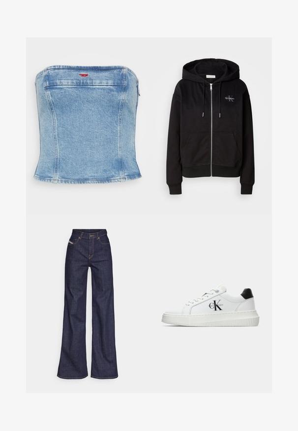 Must Black zip-up kapuutsiga, pehmest puuvilla segust, esitaskud ja hõbedased detailid. Calvin Kleini logo on õmmeldud rinna piirkonda.; Helehall denimi crop top, mis on vormitud disainiga, omades sirget lõiget ja peeneid õmbluste aktsente. Lukk taga.; Tumedates sinised laiad teksad denimpesus, kõrge vöökohaga, mis on varustatud oranžide õmblustega, viie-taskulise disaini ja nööbiga kinnitusega.; Valge madalate sokkidega jooksutoss, millel on must konts, platvormi tallad, paelad ja Calvin Kleini "CK" logo küljel.