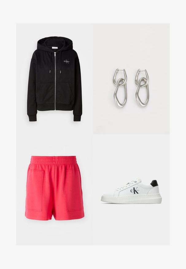 Felpa nera con zip in morbido cotone misto, dotata di cappuccio, tasche frontali e dettagli in argento. Logo Calvin Klein ricamato sul petto.; T-shirt bianca in cotone con un'illustrazione stampata di due donne in stili di moda urbana con un cane su un attraversamento pedonale e edifici della città.; Pantaloni sportivi rossi realizzati in tessuto leggero, con vita elastica e due ampie tasche frontali. Texture liscia, taglio fino al ginocchio.; Sneaker bassa bianca con tassello nero sul tallone, suola a piattaforma, lacci e logo "CK" di Calvin Klein sul lato.; Calvin Klein STATEMENT LINKS - Orecchini - silver-coloured