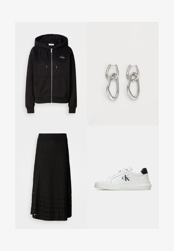 Svart hettegenser med glidelås i myk bomullsblanding, med hette, frontlommer og sølvfarget detaljer. Calvin Klein-logoen er brodert på brystet.; Sort bomull t-skjorte med rund hals, korte ermer, og blå brodert "Calvin Klein JEANS" logo på forsiden.; Svart plissert skjørt med ribbet midjebånd, med et mønster av runde utskjæringer nær kanten, laget av et glatt tekstil.; Hvite lavsko med svart hæltab, plattformsåle, snøringer og Calvin Klein "CK" logo på siden.; Calvin Klein STATEMENT LINKS - Øredobber - silver-coloured