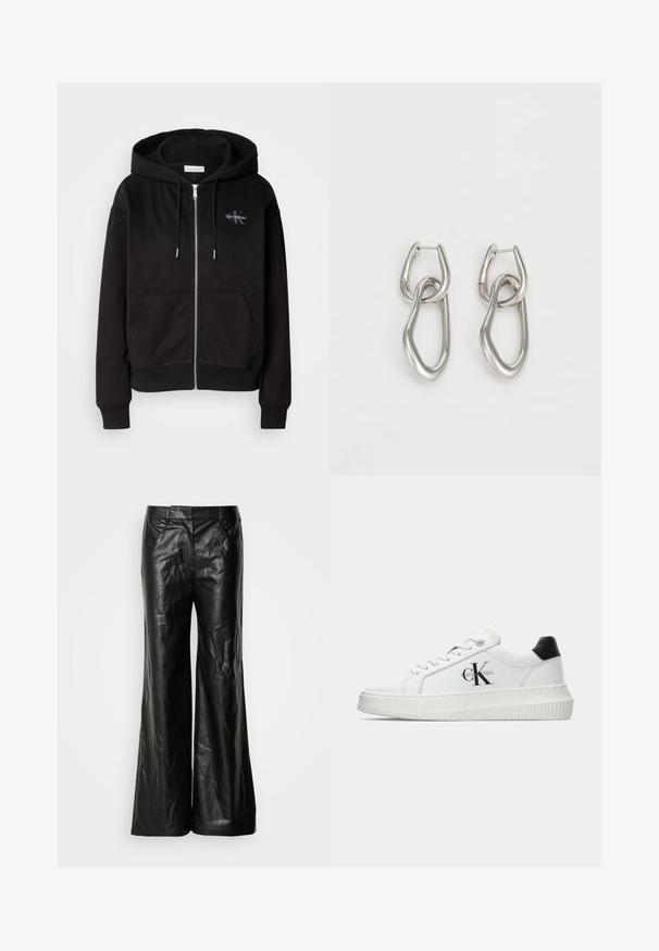 Felpa nera con zip in morbido cotone misto, dotata di cappuccio, tasche frontali e dettagli in argento. Logo Calvin Klein ricamato sul petto.; T-shirt nera in cotone con colletto rotondo, maniche corte e logo ricamato blu "Calvin Klein JEANS" sul davanti.; Pantaloni a gamba larga in pelle nera con una texture liscia, dotati di una cintura classica e tasche laterali. Il design è essenziale e raffinato.; Sneaker bassa bianca con tassello nero sul tallone, suola a piattaforma, lacci e logo "CK" di Calvin Klein sul lato.; Calvin Klein STATEMENT LINKS - Orecchini - silver-coloured