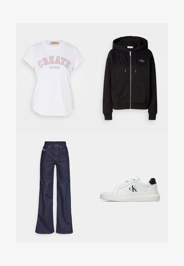 Sweatshirt preto com fecho em mistura de algodão macio, apresentando capuz, bolsos frontais e acessórios prateados. Logótipo da Calvin Klein cosido no peito.; T-shirt de algodão branca com mangas curtas, decote redondo e grande texto em rosa contornado "CREATE" com "MIVI 2010" por baixo.; Jeans de perna larga azul escuro em tecido de denim com alta cintura, apresentando costura laranja, design de cinco bolsos e fecho de botão.; Sapatilhas brancas de cano baixo com aba preta no calcanhar, sola tipo plataforma, cordões e logo "CK" da Calvin Klein na lateral.