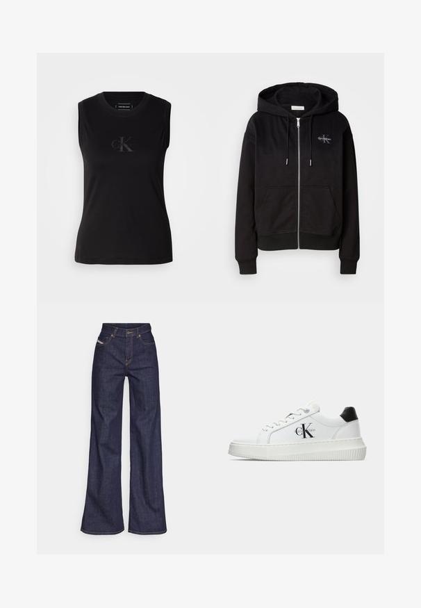 Sweatshirt preto com fecho em mistura de algodão macio, apresentando capuz, bolsos frontais e acessórios prateados. Logótipo da Calvin Klein cosido no peito.; T-shirt preta sem mangas feita de algodão, com decote redondo e um discreto logótipo em relevo no peito. Textura suave.; Jeans de perna larga azul escuro em tecido de denim com alta cintura, apresentando costura laranja, design de cinco bolsos e fecho de botão.; Sapatilhas brancas de cano baixo com aba preta no calcanhar, sola tipo plataforma, cordões e logo "CK" da Calvin Klein na lateral.