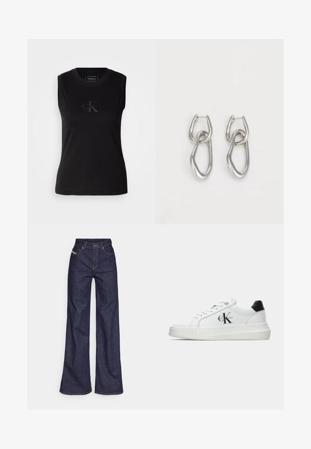 Must Black zip-up kapuutsiga, pehmest puuvilla segust, esitaskud ja hõbedased detailid. Calvin Kleini logo on õmmeldud rinna piirkonda.; Must have musta ilma varrukatega T-särk, mis on valmistatud puuvillast, ümmarguse kaelusega ja rinnal on peenelt reljeefne logo. Sile tekstuur.; Tumedates sinised laiad teksad denimpesus, kõrge vöökohaga, mis on varustatud oranžide õmblustega, viie-taskulise disaini ja nööbiga kinnitusega.; Valge madalate sokkidega jooksutoss, millel on must konts, platvormi tallad, paelad ja Calvin Kleini "CK" logo küljel.; Calvin Klein STATEMENT LINKS - Kõrvarõngad - silver-coloured