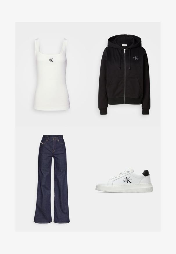 Fekete zipzáras kapucnis pulcsi puha pamut keverékből, kapucnival, elülső zsebekkel és ezüst színű fémalkatrészekkel. Calvin Klein logó hímzett a mellkason.; Fehér pamut ujjatlan top négyzet alakú nyakkivágással és keskeny vállpántokkal. A frontrészén egy kis fekete hímzett CK logó található.; Sötétkék, bő szárú farmernadrág, magas derékkal, narancssárga varrással, öt zsebes kialakítással és gombos zárással.; Fehér alacsony szárú edzőcipő fekete saroktabbal, platform talppal, fűzőkkel és Calvin Klein "CK" logóval az oldalán.