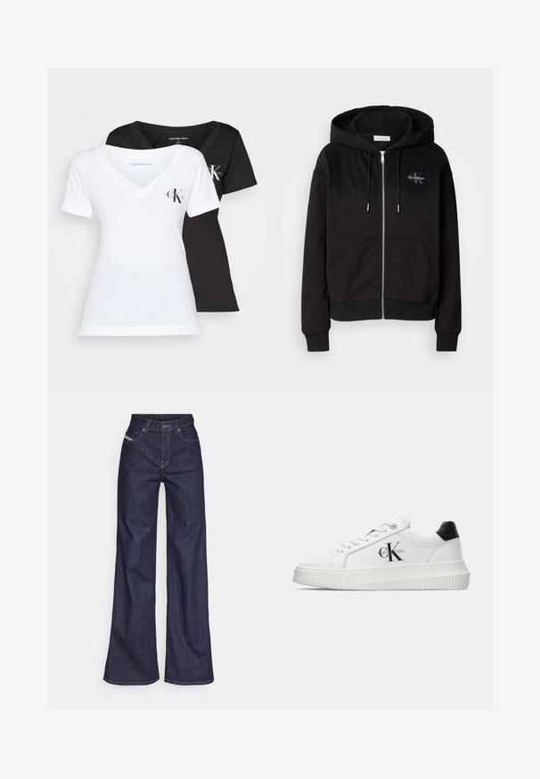 Svart hettegenser med glidelås i myk bomullsblanding, med hette, frontlommer og sølvfarget detaljer. Calvin Klein-logoen er brodert på brystet.; To V-hals T-skjorter i svart og hvitt. Begge er laget av myk bomull, har korte ermer og en liten "CK"-logo på brystet.; Mørkeblå vide jeans i denim med høy midje, med oransje sømmer, fem-lomme-design og knappelukking.; Hvite lavsko med svart hæltab, plattformsåle, snøringer og Calvin Klein "CK" logo på siden.