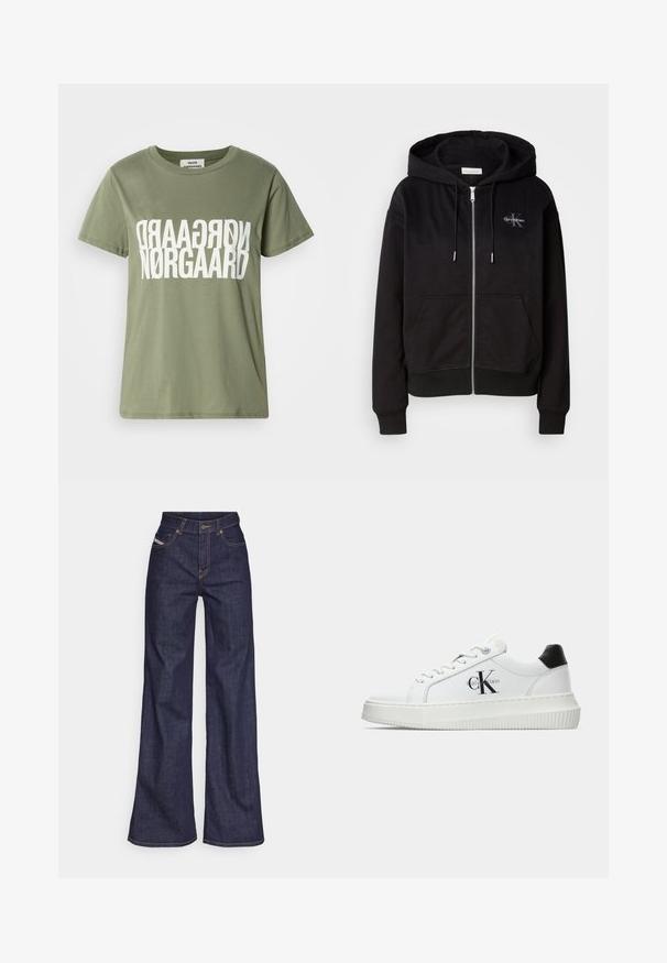 Schwarze Zip-Hoodie aus einem weichen Baumwollmix, mit Kapuze, Vordertaschen und silbernen Details. Calvin Klein-Logo auf der Brust gestickt.; Olivgrünes Baumwoll-T-Shirt mit kurzen Ärmeln, ausgestattet mit einem großen weißen umgedrehten Textdesign "NØRGAARD" in der Mitte. Runder Halsausschnitt.; Dunkelblaue weite Jeans aus Denimstoff mit hoher Taille, ausgestattet mit orangefarbenen Nähten, fünf Taschen und einem Knopfverschluss.; Weiße Low-Top-Sneaker mit schwarzem Fersenpatch, Plateau-Sohle, Schnürsenkeln und Calvin Klein "CK"-Logo an der Seite.