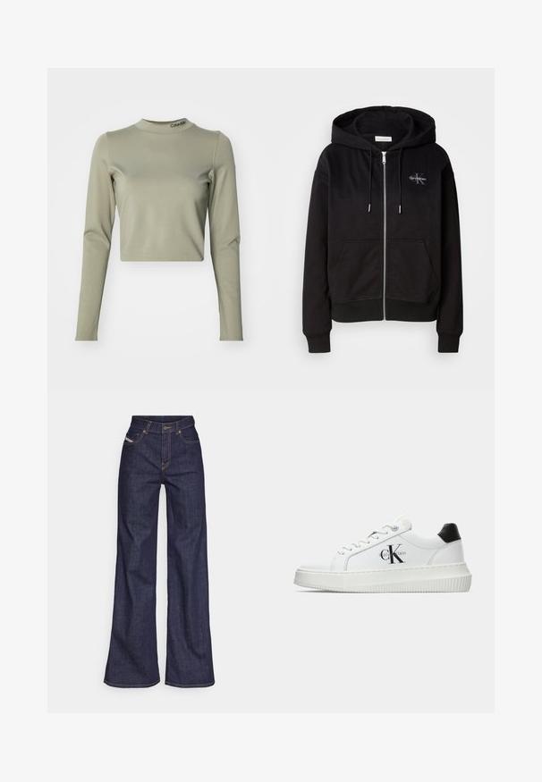 Fekete zipzáras kapucnis pulcsi puha pamut keverékből, kapucnival, elülső zsebekkel és ezüst színű fémalkatrészekkel. Calvin Klein logó hímzett a mellkason.; Rövidített, hosszú ujjú felső világos olíva zöld színben, sima, rugalmas anyagból készült, magas nyakkivágással és Calvin Klein logóval a gallérján.; Sötétkék, bő szárú farmernadrág, magas derékkal, narancssárga varrással, öt zsebes kialakítással és gombos zárással.; Fehér alacsony szárú edzőcipő fekete saroktabbal, platform talppal, fűzőkkel és Calvin Klein "CK" logóval az oldalán.