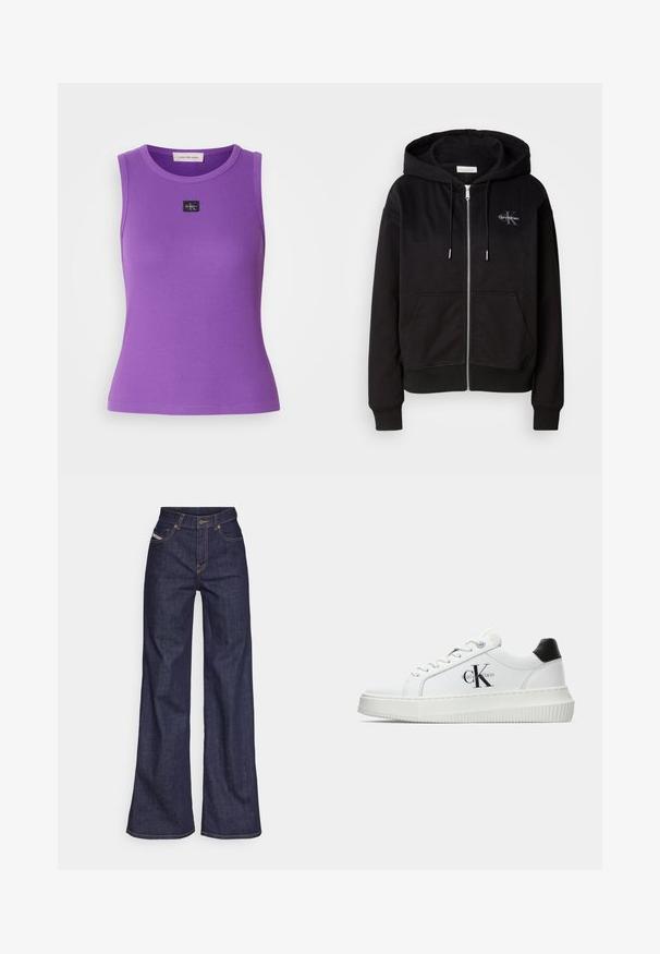 Zwarte zip-up hoodie van een zachte katoenmix, met een capuchon, voorzakken en zilverkleurige hardware. Calvin Klein-logo geborduurd op de borst.; Paarse mouwloze top met geribbelde textuur en ronde halslijn. Heeft een klein zwart logo-label aan de voorkant. Gladde stofafwerking.; Donkerblauwe wijde jeans van denimstof met een hoge taille, voorzien van oranje stiksels, een vijf-pocket ontwerp en een knoopsluiting.; Witte lage sneaker met zwarte hiel tab, plateauzool, veters en Calvin Klein "CK" logo aan de zijkant.